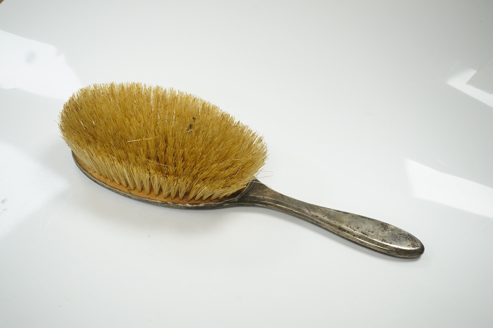 Fourteen silver mounted toilet jars, brushes, mirror, comb etc, together with a pair of glass handled silver salad servers and a silver salt. Condition - poor